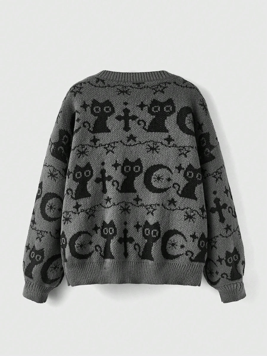 Witchy Moon and Cat Drop Shoulder Pullover Sweater – MagickWorkings by ...